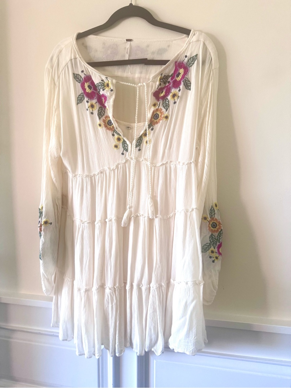 Free People Ivory Peasant Tunic with Pink & Yellow Floral Embroidery